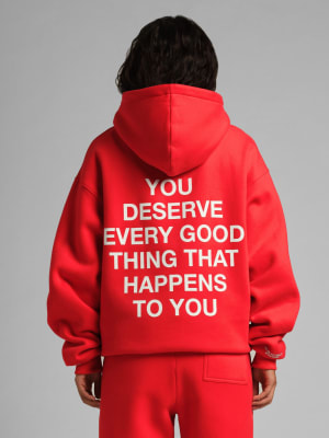 Comfrt x We're Not Really Strangers Hoodie: Elly is 5'8” and wears a size S