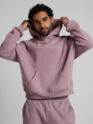 Basic Crop Hoodie: Jared is 6'0" and wears a size M
